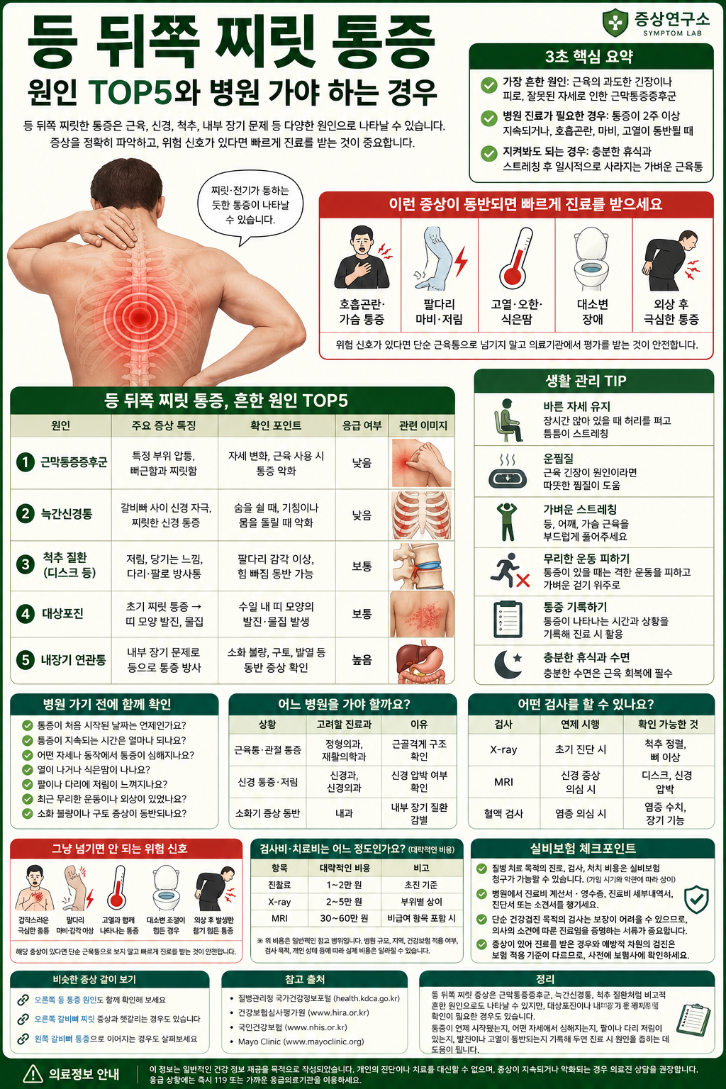 등 뒤쪽 찌릿 통증 원인 TOP5와 병원 가야 하는 경우를 정리한 증상연구소 의료 인포그래픽