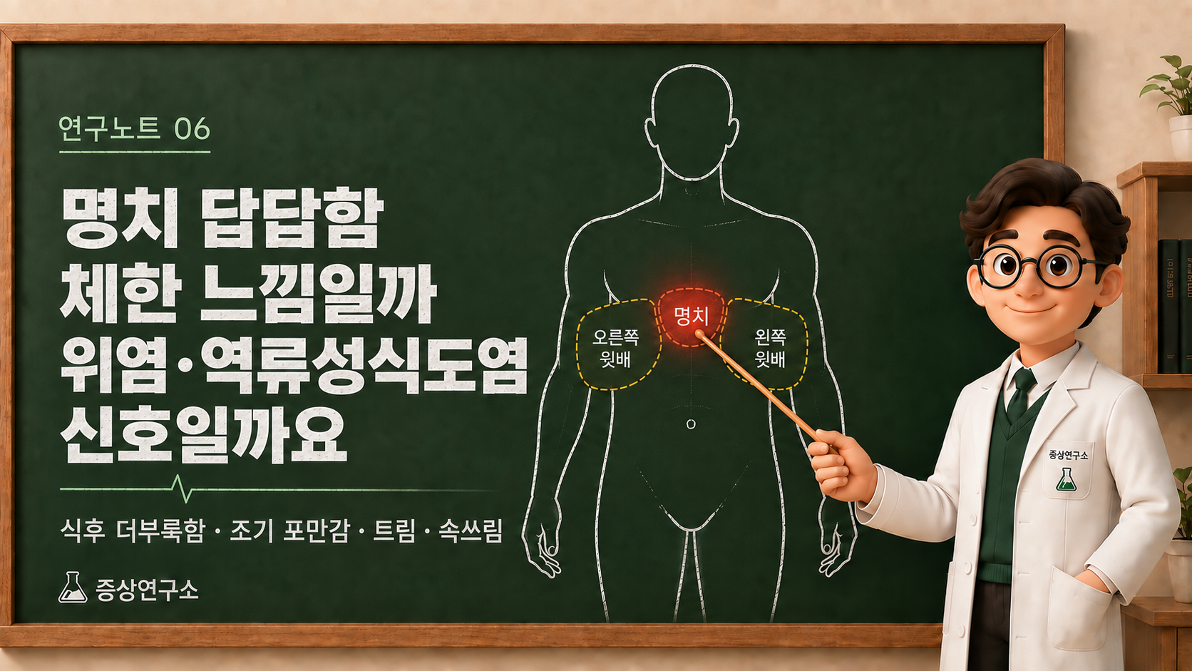 명치 답답함이 체한 느낌인지 기능성 소화불량, 위염, 위산 역류, 역류성 식도염 신호인지 구분하는 기준을 정리한 증상연구소 연구노트 이미지