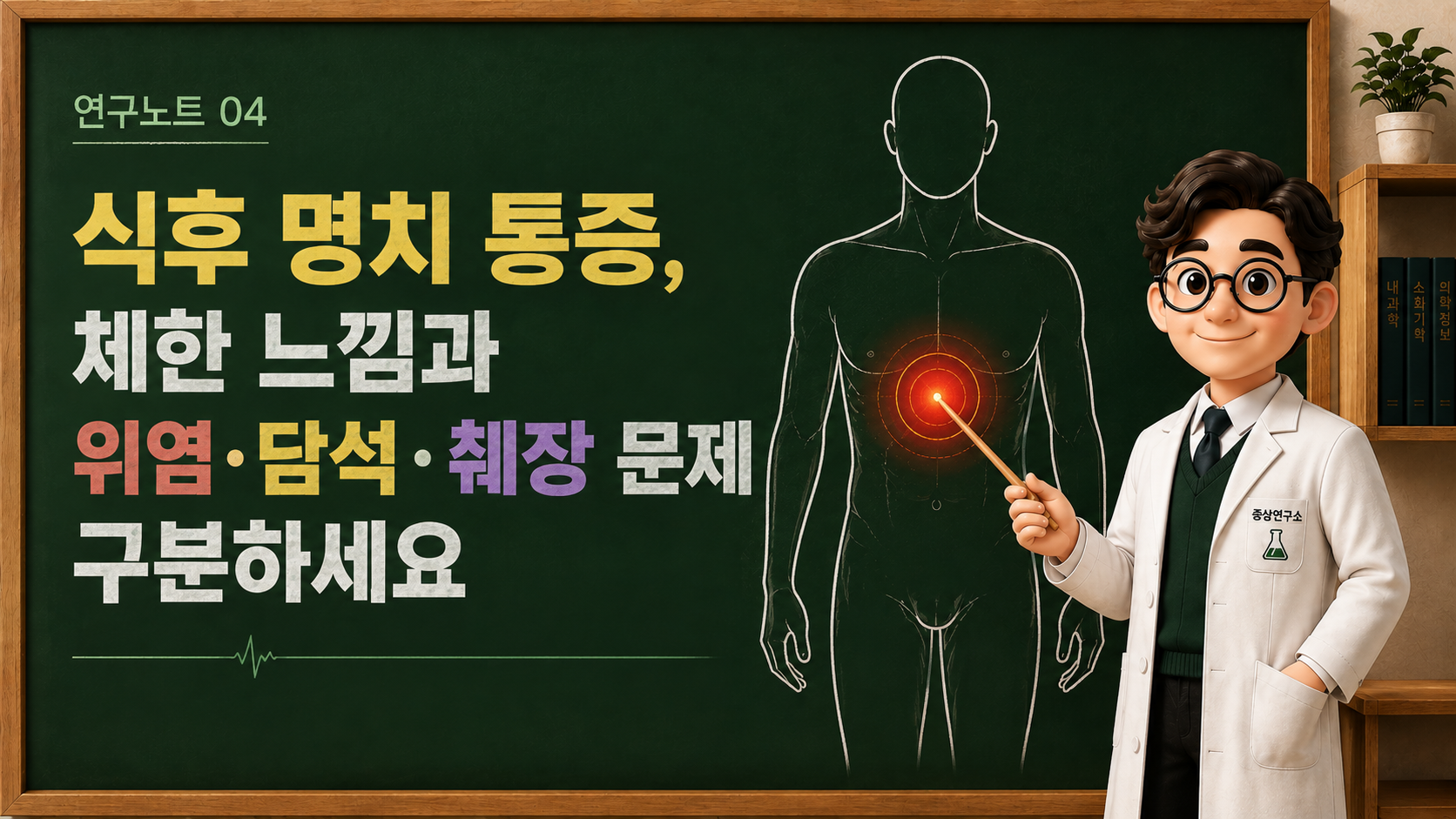 식후 명치 통증이 체한 느낌인지 위염·소화불량, 역류성 식도염, 담석·담낭 문제, 췌장 문제와 어떻게 구분되는지 정리한 증상연구소 연구노트 인포그래픽