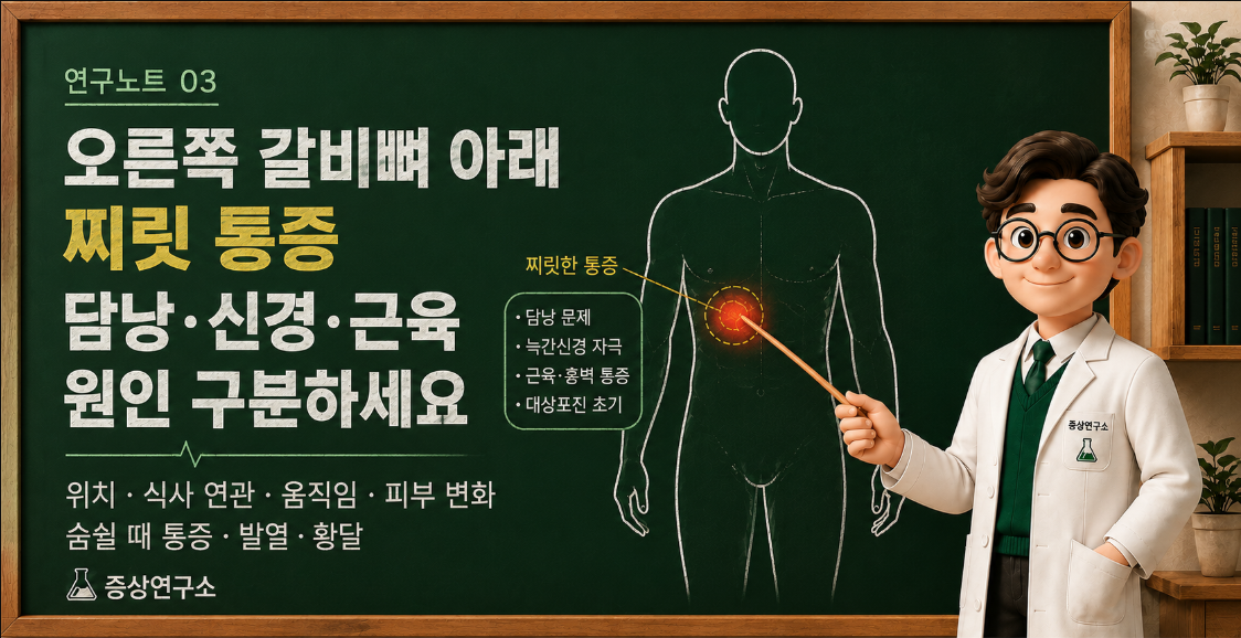 오른쪽 갈비뼈 아래 찌릿 통증이 담낭 문제, 늑간신경 자극, 근육·흉벽 통증, 대상포진 초기 증상과 어떻게 구분되는지 정리한 증상연구소 인포그래픽
